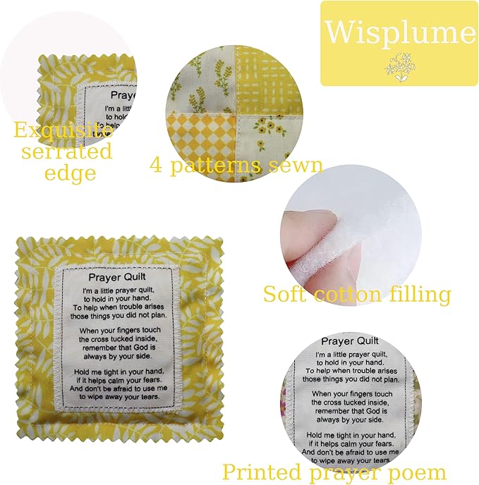 Mini Prayer Quilt with Cross Inside Vintage Pocket Scripture Prayer Quilt Squares Sympathy Christian Gifts for Women Pastor Appreciation Father's Day Graduates Gifts (Yellow)