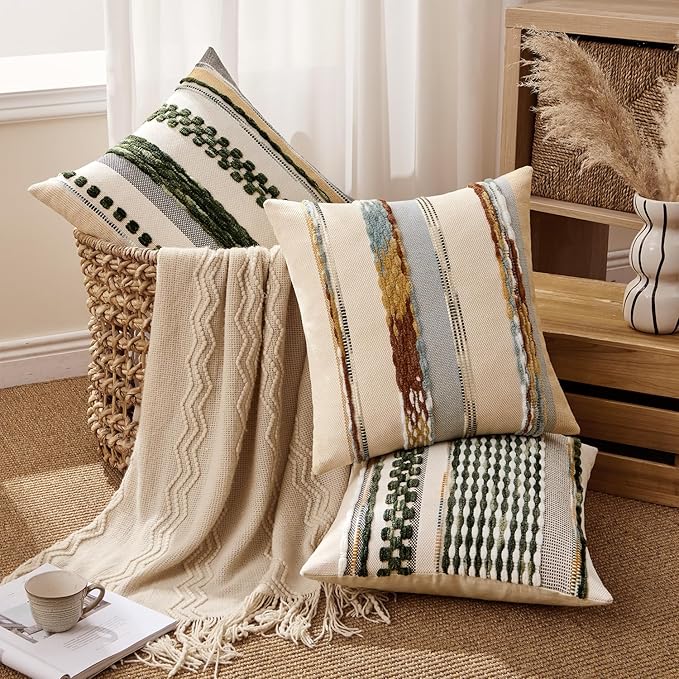 ANRODUO Pack of 1 Boho Decorative Throw Pillow Covers 18x18 Farmhouse Cushion Case Striped Chenille Pillow Cases Square Pillow Covers Accent Neutral Pillowcase for Sofa Couch Bed, Olive Green Stripe