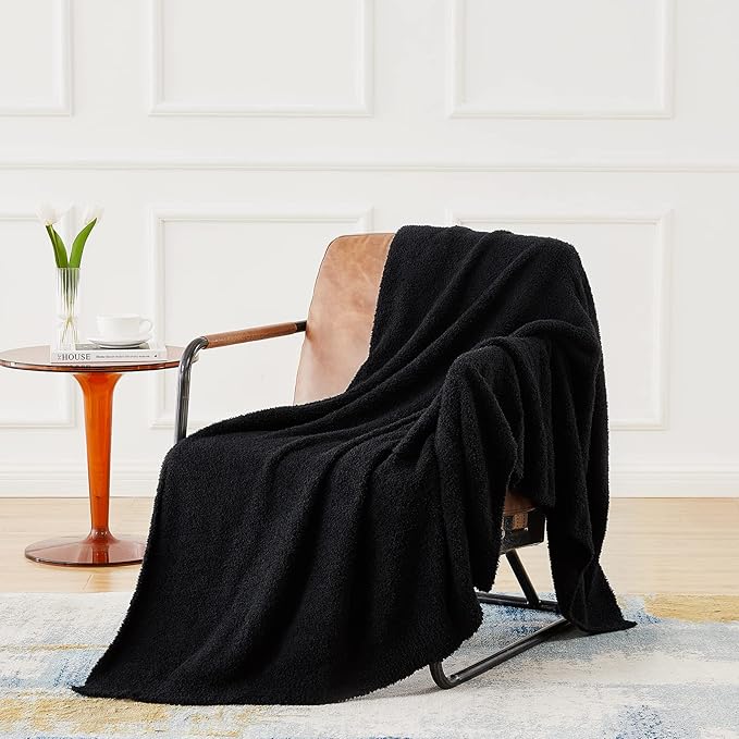 CYMULA Super Soft Knit Throw Blanket Twin Size Black-Lightweight Plush Fuzzy Fluffy Warm Cozy Blankets and Throws for Sofa Bed All Season Use, 60x80 inches