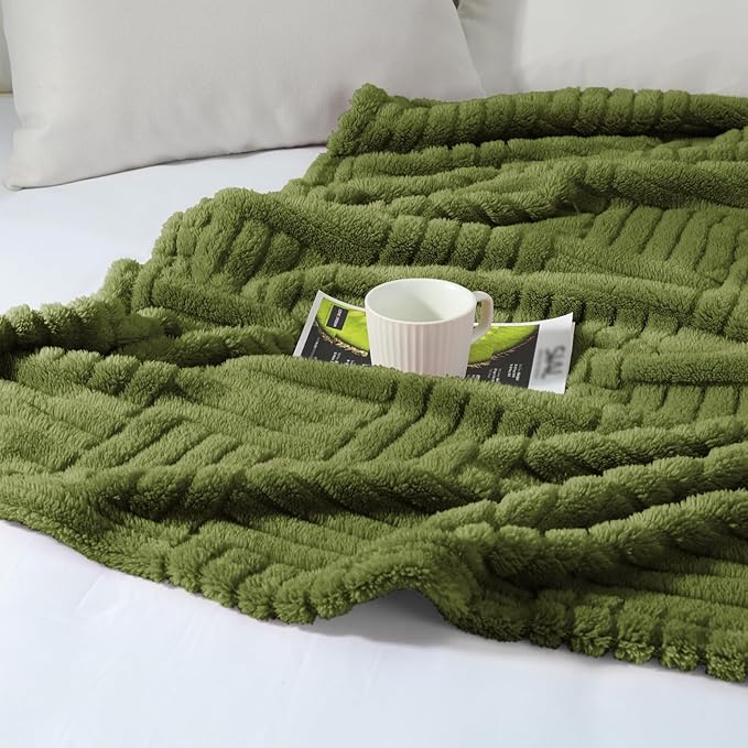 Whale Flotilla Lightweight Fleece Twin Size Blanket for Bed, Fuzzy Soft Blankets with Decorative Jacquard Pattern for All Season, Warm and Fluffy, 60x80 Inch, Olive