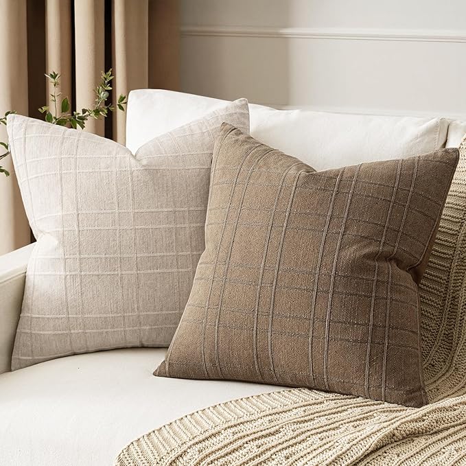 MIULEE Decorative Linen Check Throw Pillow Covers Neutral Farmhouse Vintage Pillow Covers 18x18 Set of 2 Boho Modern Winter Home Decor for Sofa Couch Bedroom Cushion Light Brown