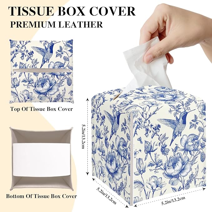 Vintage Floral Tissue Box Cover, Blue Bird Tissue Holder Square with Bottom Belt for Home Bathroom Office Vanity Countertop, Housewarming Gifts Ideas for Women Friends Mom Bestie -06