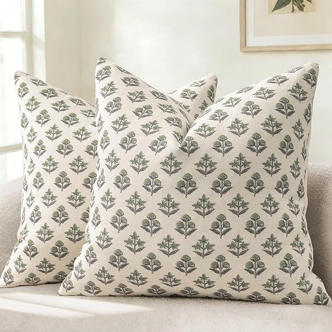 YCOLL Farmhouse Floral Print Throw Pillow Covers 22x22 Set of 2, Rustic Decorative Cushion Covers for Sofa Couch Bed Living Room, Vintage Floral Patterned Cottage Home Decor, Sage Green