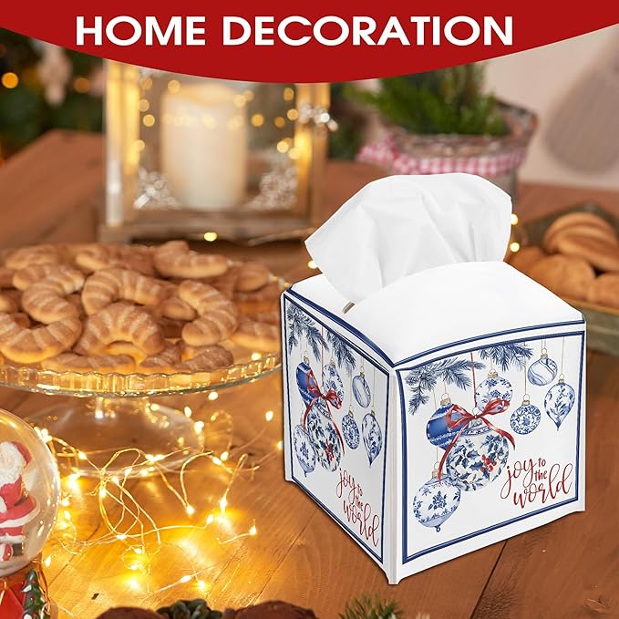 Christmas Balls Design Tissue Box Cover Holder, Blue White Leather Tissue Box Cover Square, Joy to The World Christmas Decor for Bathroom Kitchen Car Office, Porcelain Print(5.2 Inches)-B05