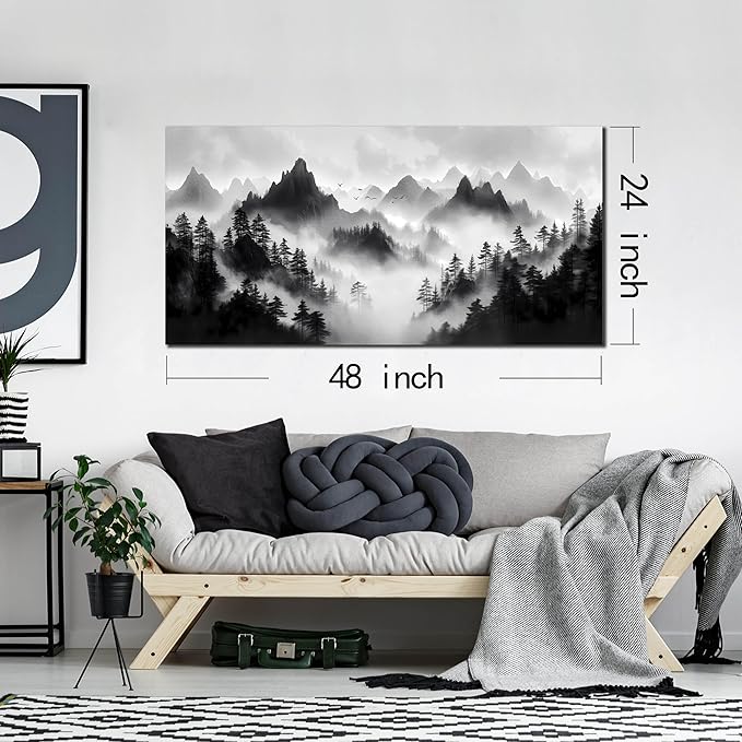 Forest Canvas Wall Art for Office - Black and White Landscape Pictures for Living Room - Mountain Wall Decor for Bedroom Men Size 24" x 48"