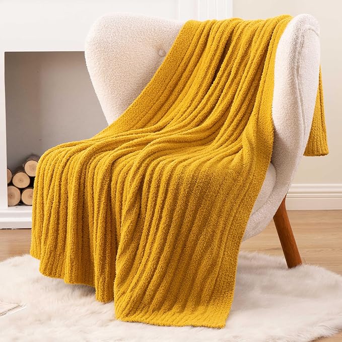 BATTILO Fluffy Soft Yellow Throw Blanket, Fuzzy Plush Mustard Knit Throw Blankets, Warm Lightweight Cozy Blanket for Couch, Bed, Sofa, Home Decor, 50"x60"