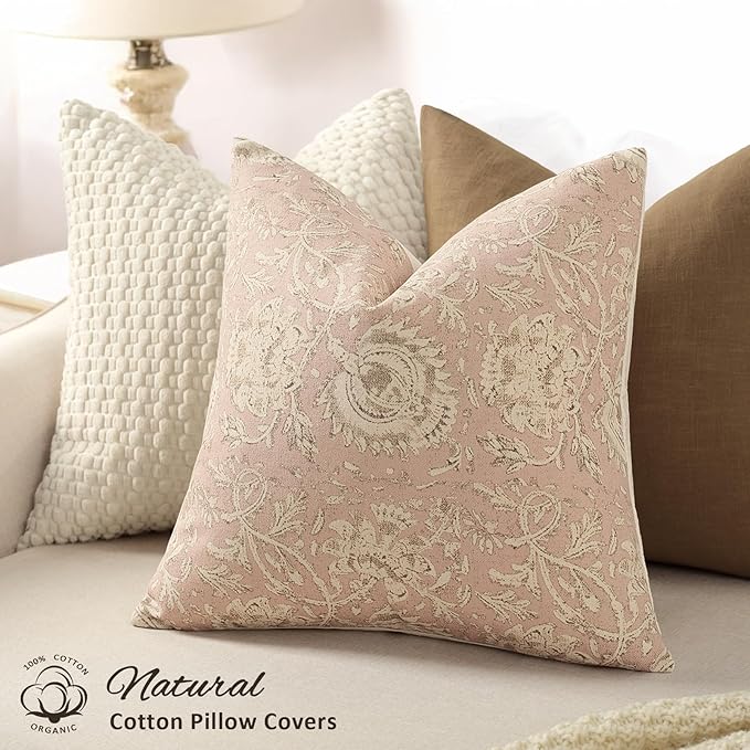 Vintage Floral Print Throw Pillow Covers 26x26 Set of 2 Neutral Modern Farmhouse Pillowcases Accent Decorative Cushion Covers Boho Home Decor for Couch Sofa Chair Bed Living Room, Champagne Pink