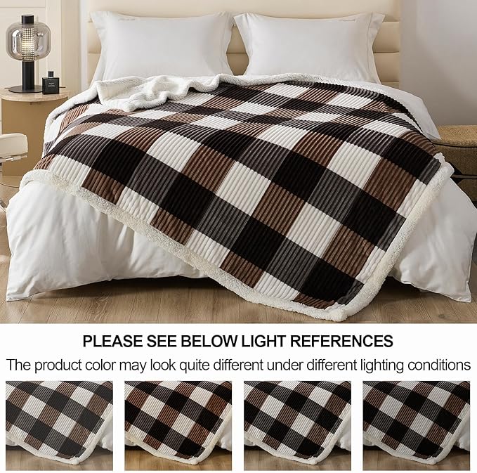 Sherpa Fleece Throw Blanket for Couch, Fluffy Plush Warm Fuzzy Blanket for Women and Men, Cozy Thick Soft Twin Blanket for Bed, Dark Brown, 60x80 Inches