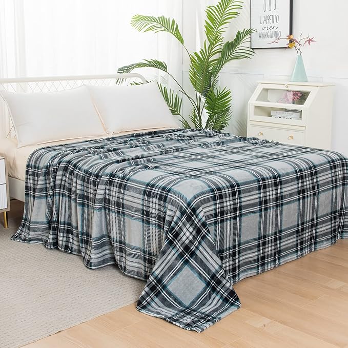Elegant Comfort Luxury Velvety Feel Blanket, All-Season Lightweight Blanket, Ultra Plush, Soft, Cozy-Fuzzy Flannel Fleece for Couch, Sofa, Bed, Travel, Plaid Design, King/California King, Silver Gray