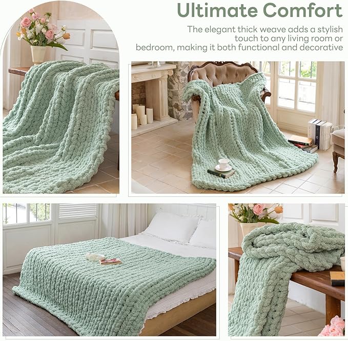 Chunky Knit Blanket - Luxury Soft Cozy 50 * 60 Throw Blanket,100% Woven Blanket Rope Knot Throw Blanket for Couch, Sofa, Home Decor, Gift - Machine Washable (Sage Green, 50 * 60)