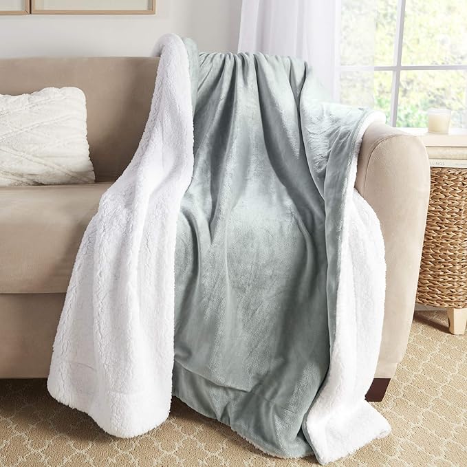 Genteele Sherpa Throw Blanket Super Soft Reversible Ultra Luxurious Plush Blanket, 50 x 60 inches, Sage/White