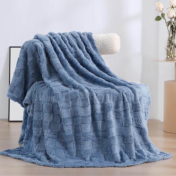 Dusty Blue Fleece Throw Blanket 50”×60” for Couch Sofa Bed,Super Soft Cozy Plush Microfiber Flannel Blanket with 3D Checkered Design Lightweight for Adults,Woman,Girls