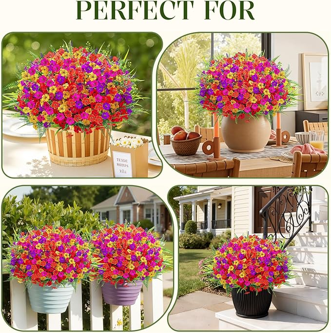 Alupssuc 48 Bundles Artificial Flowers for Outdoors Planters Spring Decoration, UV Resistant Faux Eucalyptus Violet and Lavender Silk Fake Plants for Outside Indoor Decor, Mix 5 Colors