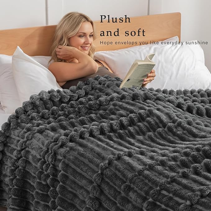 Exclusivo Mezcla Queen Size Flannel Fleece Blanket, Super Soft Striped Jacquard Bed Blanket, Lightweight Fuzzy Cozy for All Seasons, 90x90 Inches, Dark Grey