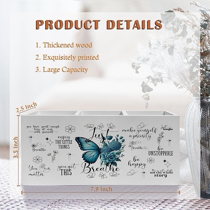 Just Breathe Inspirational Pen Pencil Holder, Therapy Office Decor, Teal Butterfly Flower Mental Health Pencil Pen Holder Organizer for Home Counseling Office Desk Accessories