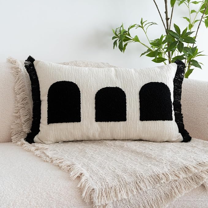 Black White Boho Fringe Tasseled Pillow Cover, Neutral Decorative Rectangular Throw Pillow Case, Geometric Modern Sham for Bed Couch Living Room, 12x20 inches, 1PCS