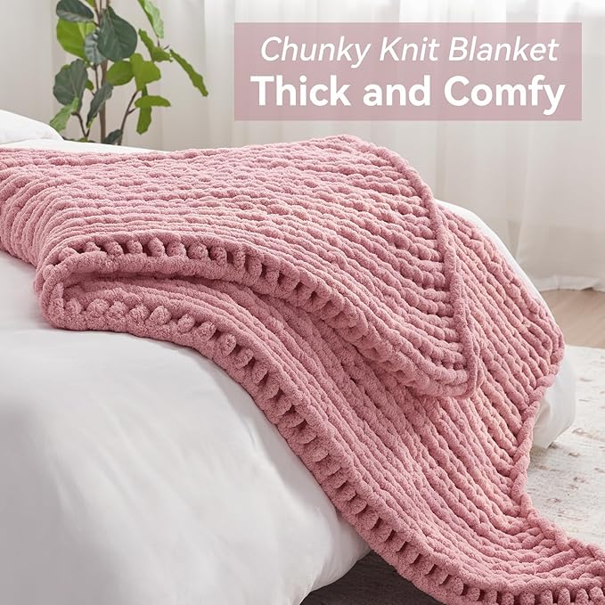 Chunky Knit Throw Blanket, 80''*90'' Knitted Throw Chenille Yarn for Bed Couch, Handmade Light PinkCrochet Big Thick Blanket, Machine Washable Cute Comfy Blanket for Home Decor