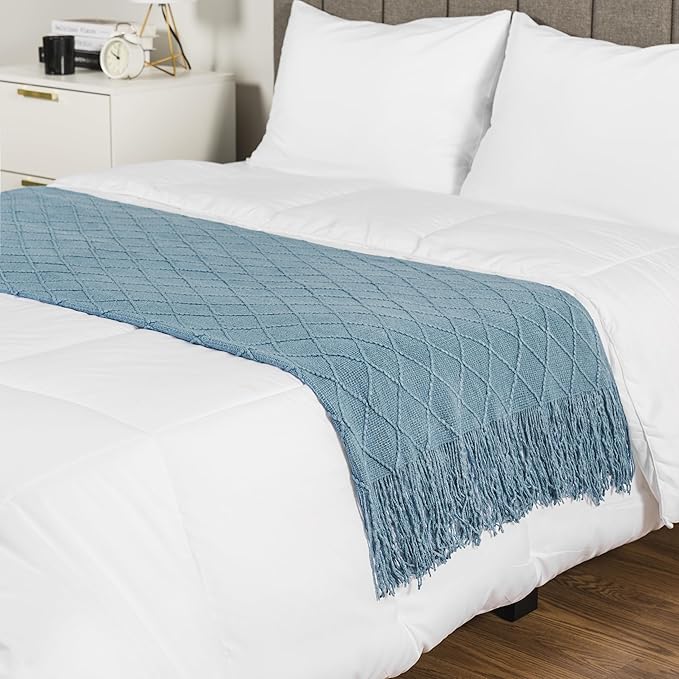 PAVILIA Dusty Blue Knit Throw Blanket for Couch, Twin Bed, Soft Knitted Farmhouse Sofa Throw for Living Room, Lightweight Decorative Summer Blanket for Chair, Outdoor Textured Boho Blanket, 60x80