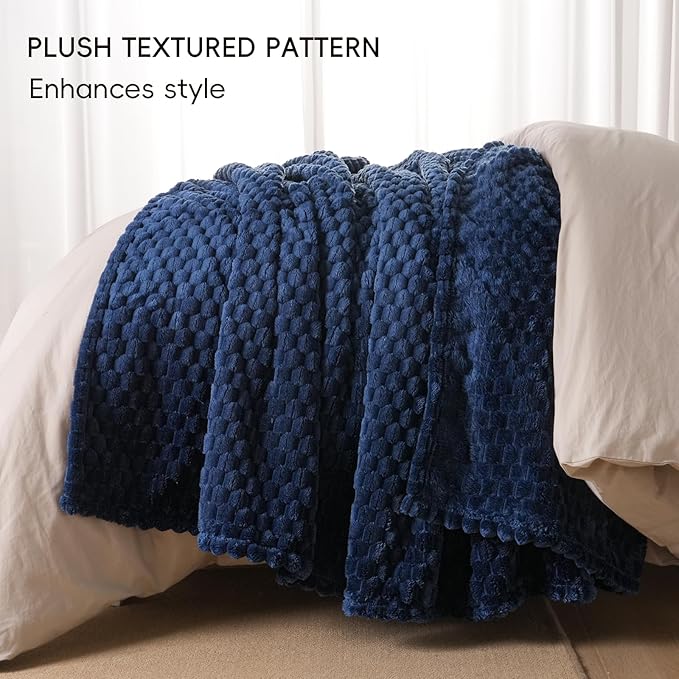 PHF Ultra Soft Flannel Fleece Blanket Queen Size, Lightweight 3D Jacquard Fleece Blanket, No Shedding, No Pilling, Luxury 340GSM Aesthetic Fluffy Cozy for Bed Room Decor, 90"x90", Navy Blue