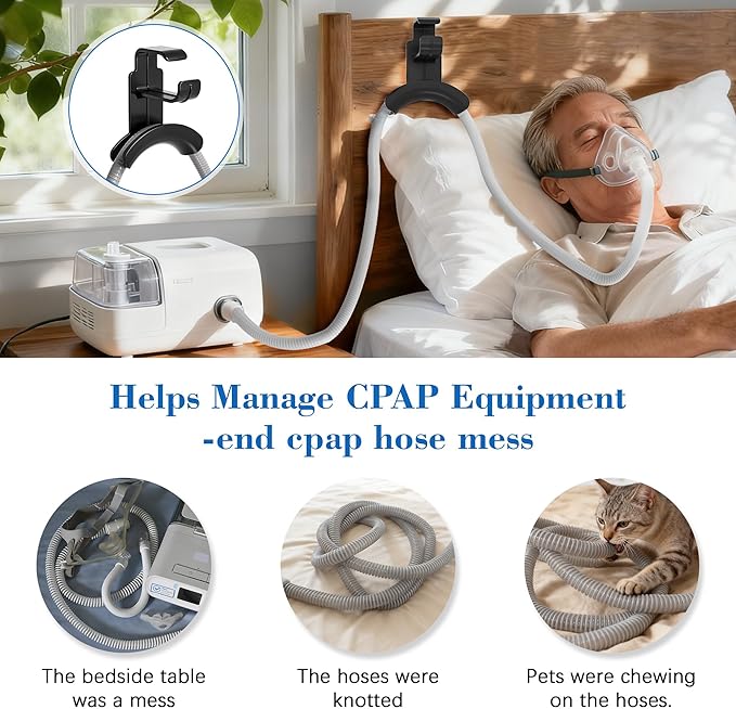 2 Pack CPAP Hose Holder for Bed, CPAP Tube Holder Compatible with CPAP Hose & Headgear Storage, Bedside CPAP Hook for CPAP Organization with 4 Removable Strips（2 Black）
