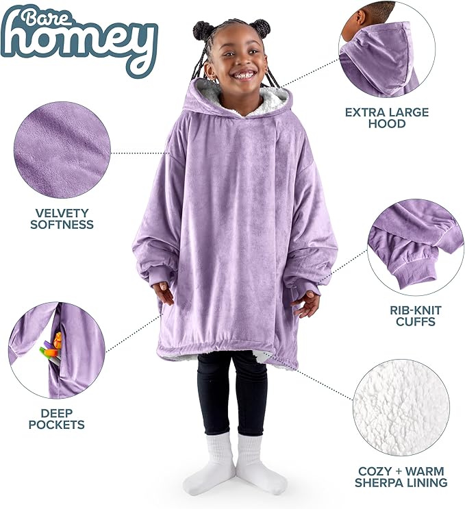 Bare Home Wearable Blanket Hoodie - Soft Plush Sherpa - Warm and Cozy - Oversized Wearable Blanket - Adult & Kid Sizes