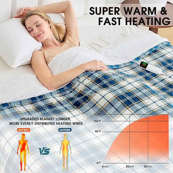 OCTROT Heated Blanket Electric Throw 50X60 Heating Throw with 10 Levels 8 Hours Auto Off, Blue Plaid Sherpa Blanket Winter Warmer, for Mom Women, Home Decor for Couch Bed Office