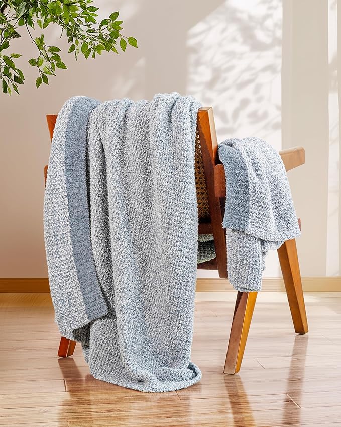 Super Soft Throw Blanket 60 x 80 Inches, Half-Side Plush Fuzzy Blanket for Couch, Sofa, Bed & Chair, Warm Cozy Lightweight Knit Blanket for Fall & Winter Blue