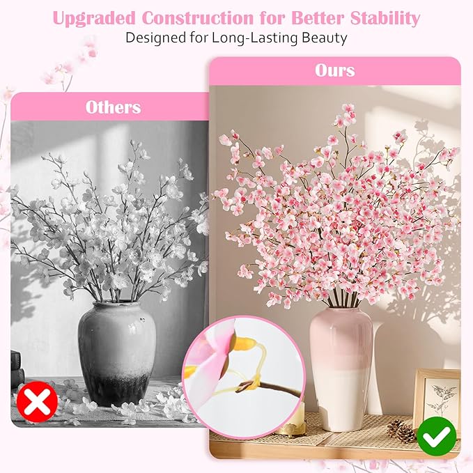 Uieke 24 Pcs Silk Cherry Blossom Branches, 40.5in Artificial Cherry Blossom Flowers Long Stems Fake Flowers Vase Arrangements for Wedding Home Japanese Decor, Pink
