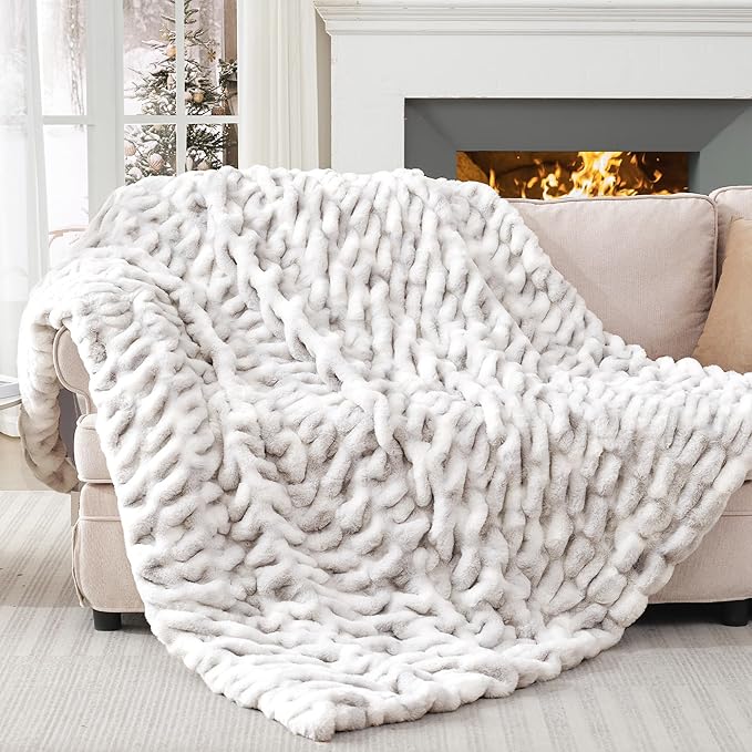 Touchat Ruched Faux Rabbit Fur Throw Blanket, 700 GSM Luxury Dual-Sided Soft Cozy Blanket, Fuzzy Fluffy Plush Blanket for Bed, Couch and Sofa - 50"x60", Tie-dye Gray