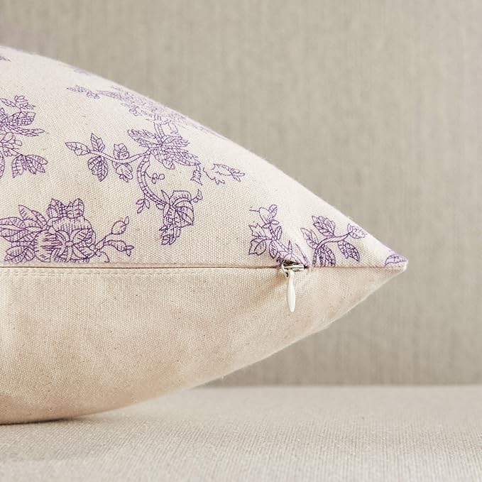 100% Cotton French Pastoral Throw Pillow Covers Set of 2, 16x16 Inch Purple Farmhouse Decorative Cushion Covers for Sofa Bed Living Room Home Decor