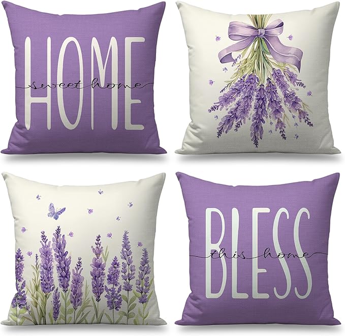 Spring Pillow Covers 18x18 Inch Set of 4 Lavender Home Sweet Home Purple Throw Pillows Decorative Pillow Cases Summer Seasonal Farmhouse Decorations for Sofa Couch
