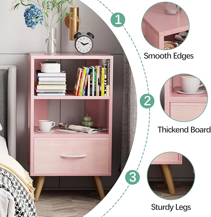 Night Stand, Pink Nightstand with Drawer, Side Table with Open Storage, 3-Tier Modern End Table, Bedside Table for Small Space, Living Room, Bedroom