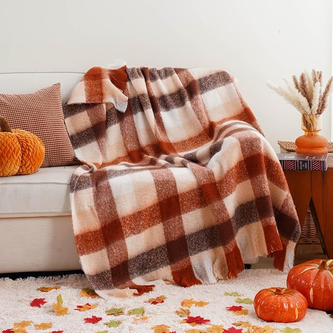 BATTILO Rust Plaid Throw Blanket for Couch Bed, Soft Mohair Tartan Plaid Blanket, Farmhouse Style Checkered Pattern, Fall Throw Blankets for Home Decor(50"x60")