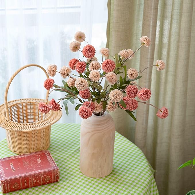 LUEUR Artificial Fall Flowers with Wooden Vase – Long Stem Mums Beige & Pink Chrysanthemum Pom Pom Floral Arrangement Centerpiece Table Decorations for Thanksgiving Dining Farmhouse Table Decor