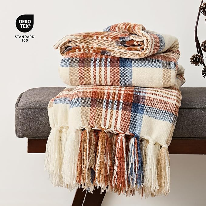 EverGrace Plaid Chenille Throw Blanket for Couch, Super Soft Cozy Decorative Fall Throw Blanket with Tassels for Bed Sofa Farmhouse Decor, Lightweight Harvest Plaid Throw Blanket for Autumn, 50"x60"
