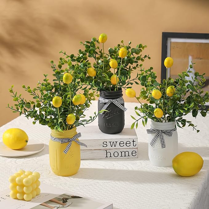 Lemon Mason Jars Centerpiece for Table, Wood Tray with 3 Painted Jars, Dining Coffee Table Centerpiece For Kitchen, Living Room, Spring & Summer Home Decor with Lemon