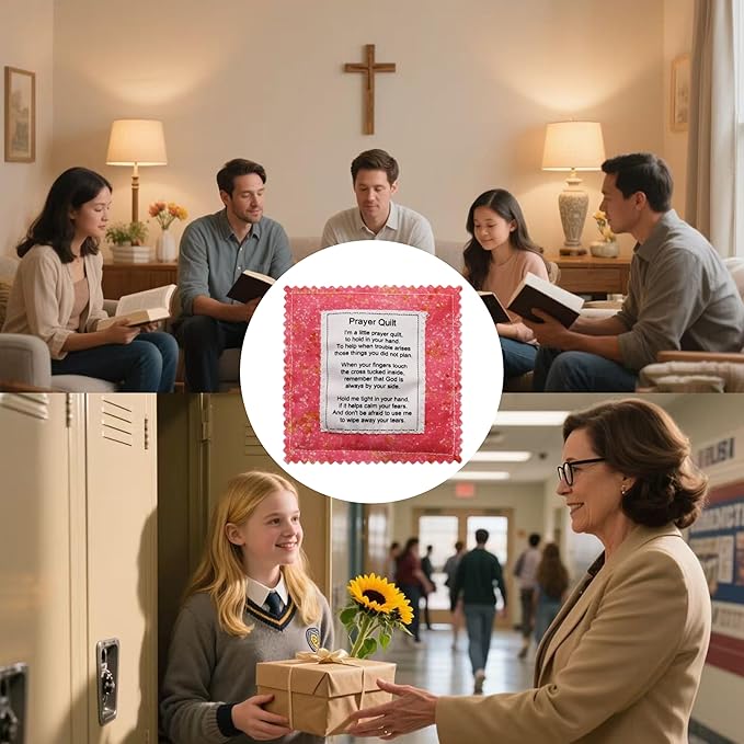 Mini Prayer Quilt with Cross Inside Vintage Pocket Scripture Prayer Quilt Squares Sympathy Christian Gifts for Women Pastor Appreciation Father's Day Graduates Gifts (Pink)
