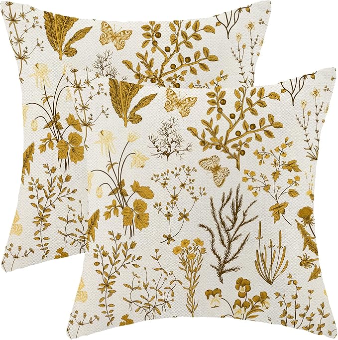AEIOAE Summer Pillow Covers 24x24 Inch Set of 2,Mustard Yellow Wild Flower Plant Throw Pillows Case,Seasonal Floral Outdoor Decorative Square Linen Farmhouse Decor Cushion Covers for Home Couch