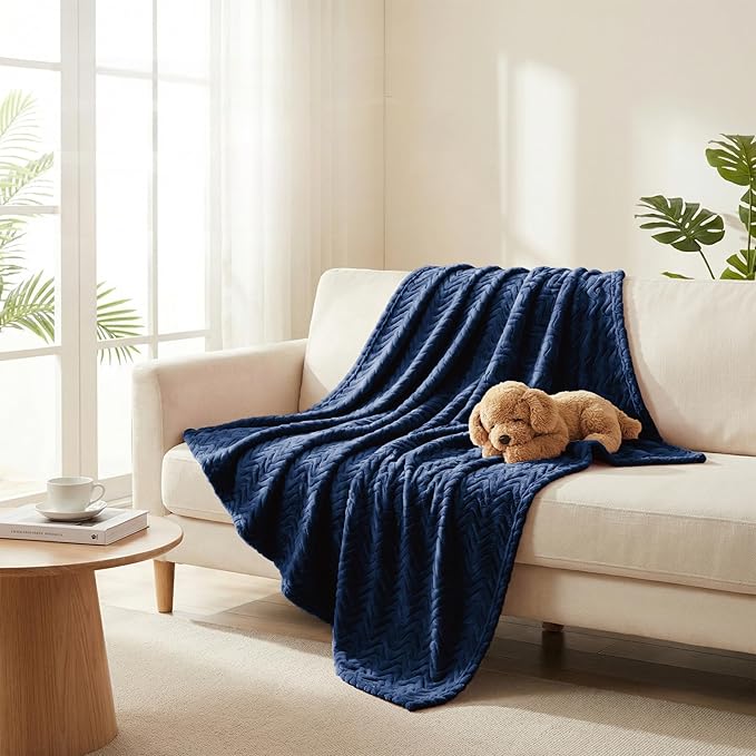 Exclusivo Mezcla Fleece Throw Blanket for Couch, Cozy Lightweight Blankets for All Season, Decorative Giftable Fuzzy Plush Wave Textured Throws for Women, Men, Navy Blue, 50x70 Inches