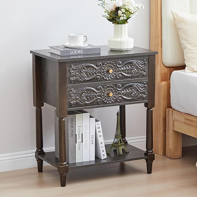 Nightstand, Farmhouse Bedside Table with 2 Drawers and Open Shelf, Wood Sofa Side Table End Table Accent Dresser for Bedroom, Living Room (with Shelf, Black Brown)