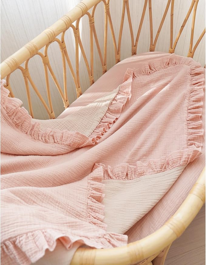 Konssy Flounce Muslin Baby Blanket for Girls Boys, 100% Cotton Soft Crib Swaddle Blankets, Reversible & Breathable Nursery Bedding for Newborns Toddlers, 40 x 36 Inches (Pink)