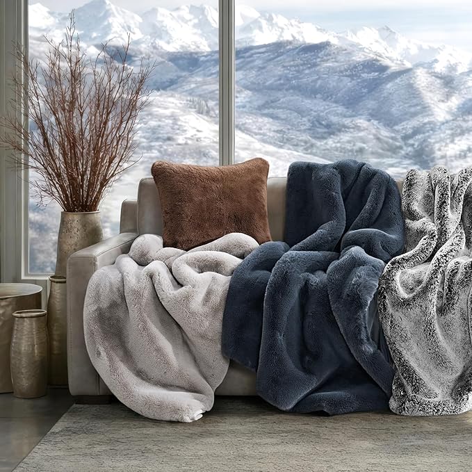 EVERGRACEHOME Luxury Soft Faux Chinchilla Fur Throw Blanket for Couch, Warm Thick Heavy Winter Throw Blanket 1220GSM for Bed, Fluffy Cozy Mink Blanket with Reversible Velvet, Silver Taupe, 50"x60"