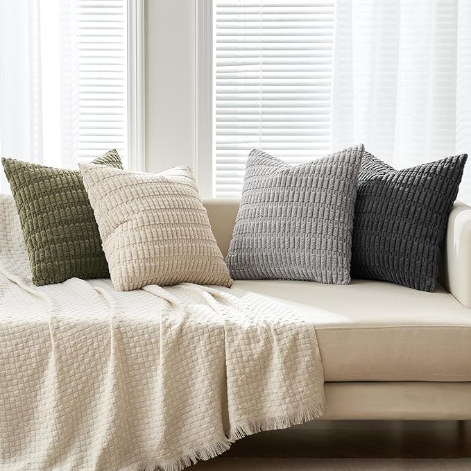 MIULEE Pack of 4 Neutral Mid Century Grey and Olive Corduroy Decorative Throw Pillow Covers 18x18 Inch Modern Soft Striped Pillow Covers Home Decor for Sofa Living Room Couch Bed