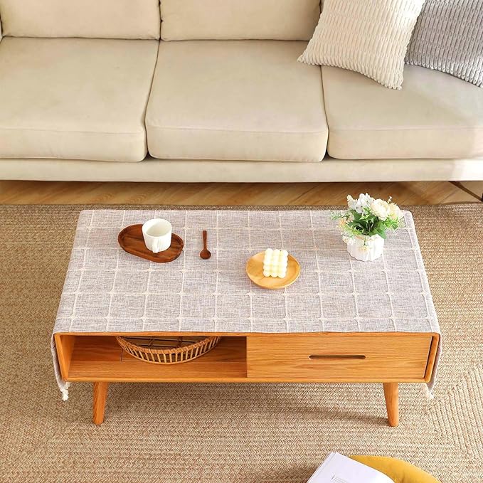SIELUNO Coffee Table Cover, Rustic Farmhouse Rectangle Coffee Table Cloth Cotton Linen Waterproof with Pockets and Tassel for Living Room Decoration - Small Plaids - 24x64 Inch