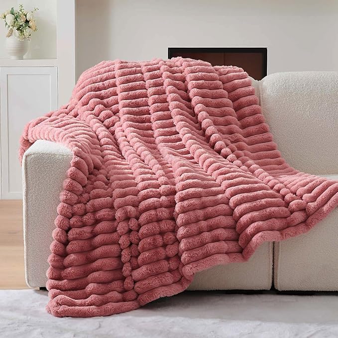 Lotus Karen Faux Fur Twin Blanket for Couch, Cozy Soft Fluffy Fuzzy Pink Blanket, Striped Warm Thick Furry Plush Shaggy Small Blankets for Women, 60x80 Inches