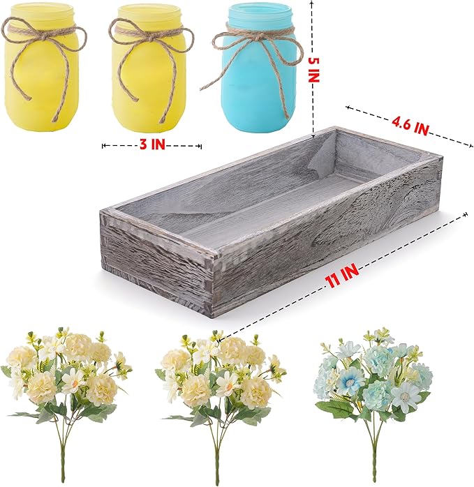 LUEUR Mason Jar Lights Centerpiece with Farmhouse Wood Tray – 3 Jars with Blue & Yellow Hydrangea Flowers, Rustic Spring & Wedding Decoration for Dining Table, Coffee Table, Kitchen & Living Room