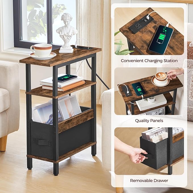 Narrow Side Table with Charging Station, Slim End Table with Fabric Storage, Skinny Nightstand for Small Spaces, Thin Bedside Table for Living Room, Bedroom, Rustic Brown ETHR125E01