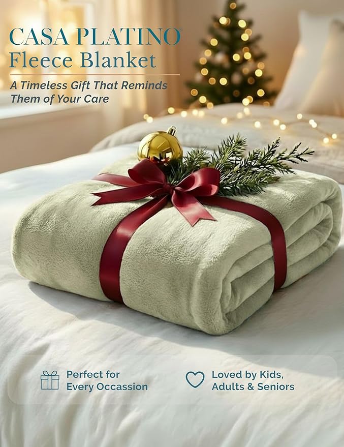 Casa Platino Fleece Blanket Queen Size – 300 GSM Fleece Throw for Bed or Couch – Soft Cozy Warm Holiday Winter Blanket for Bed, Fuzzy Plush Elegant Gifts for Men & Women - 90x90 Inch - Mineral