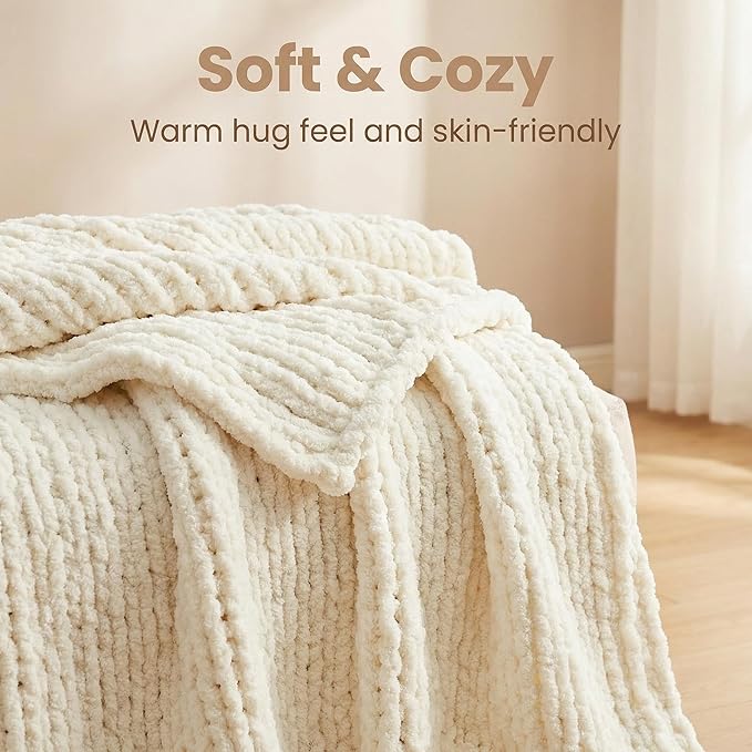Amélie Home Chunky Knit Throw Blanket for Couch, Soft Chenille Crochet Blanket for Sofa, 60"x80", Ivory