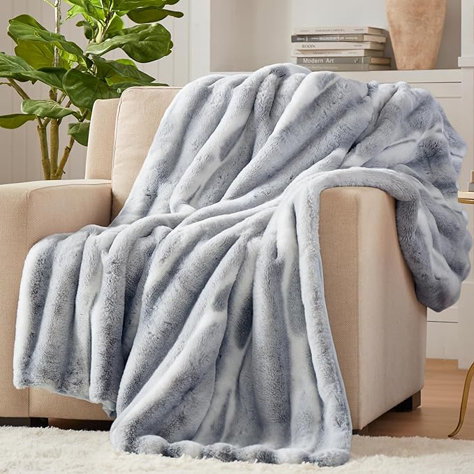 Hyde Lane Luxury Fluffy Faux Rabbit Fur Throw Blanket - Ultra Soft Cozy Blankets for Sofa, Couch, Bedroom | Warm Thick Fuzzy Throws As a Gift, Snow Lynx, 50"x60"